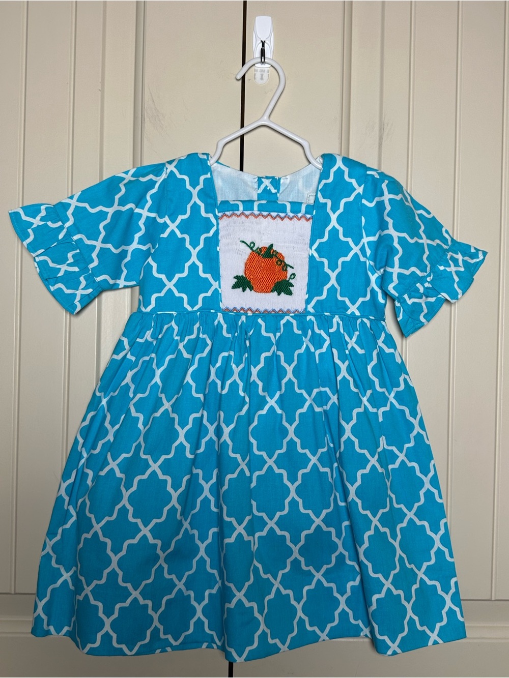 Smocked Or Not Smocked Pumpkin Dress Size 2 Blue Geometric Fall Halloween NWT